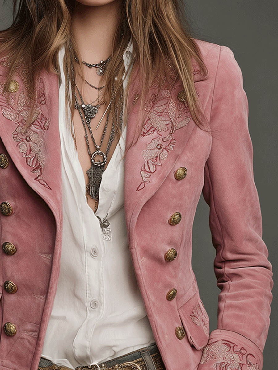 Women's Suede Jacket UK – Double-Breasted Embroidered | The Vivienne | Huna