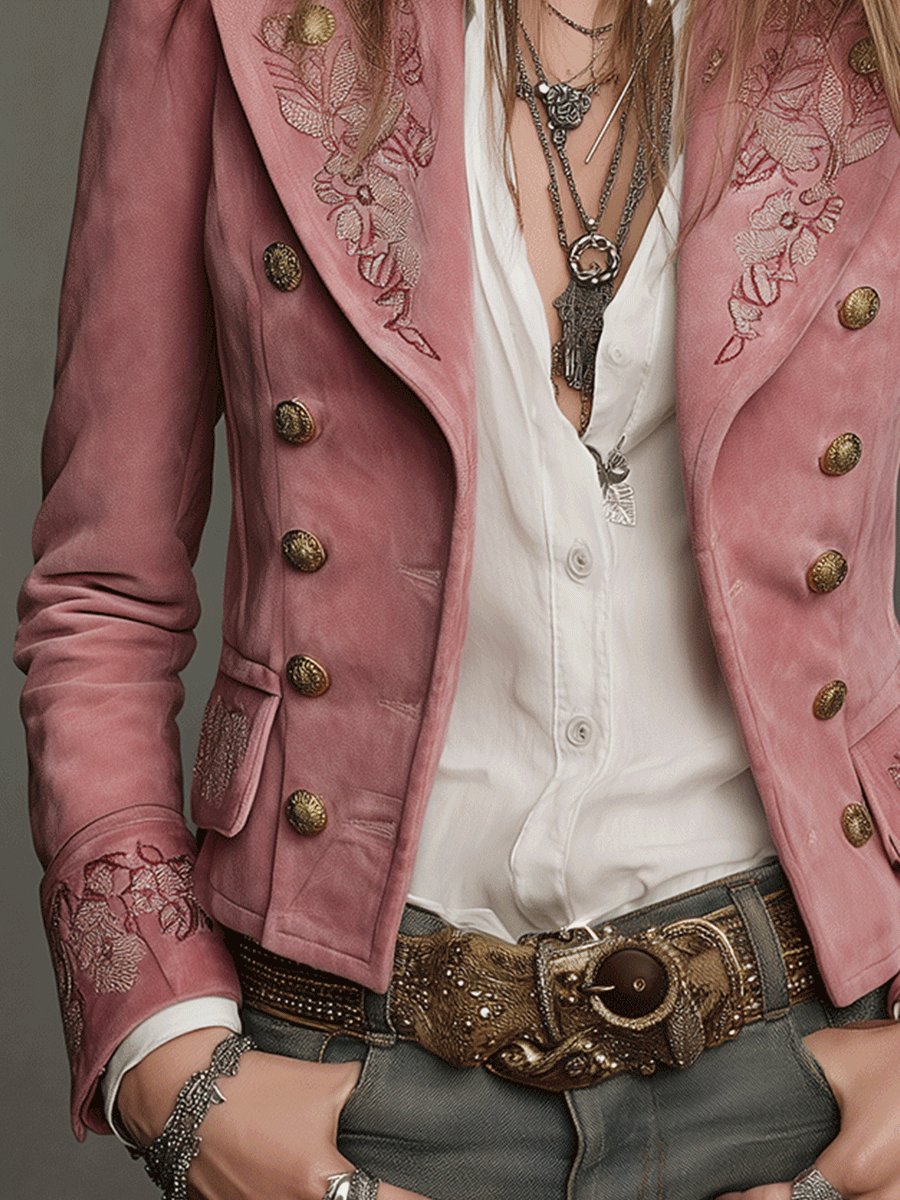 Women's Suede Jacket UK – Double-Breasted Embroidered | The Vivienne | Huna
