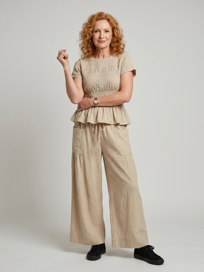 Women's Peplum Smocked Top & Wide Leg Pants Set – Co-ord | The Eirenne | Huna