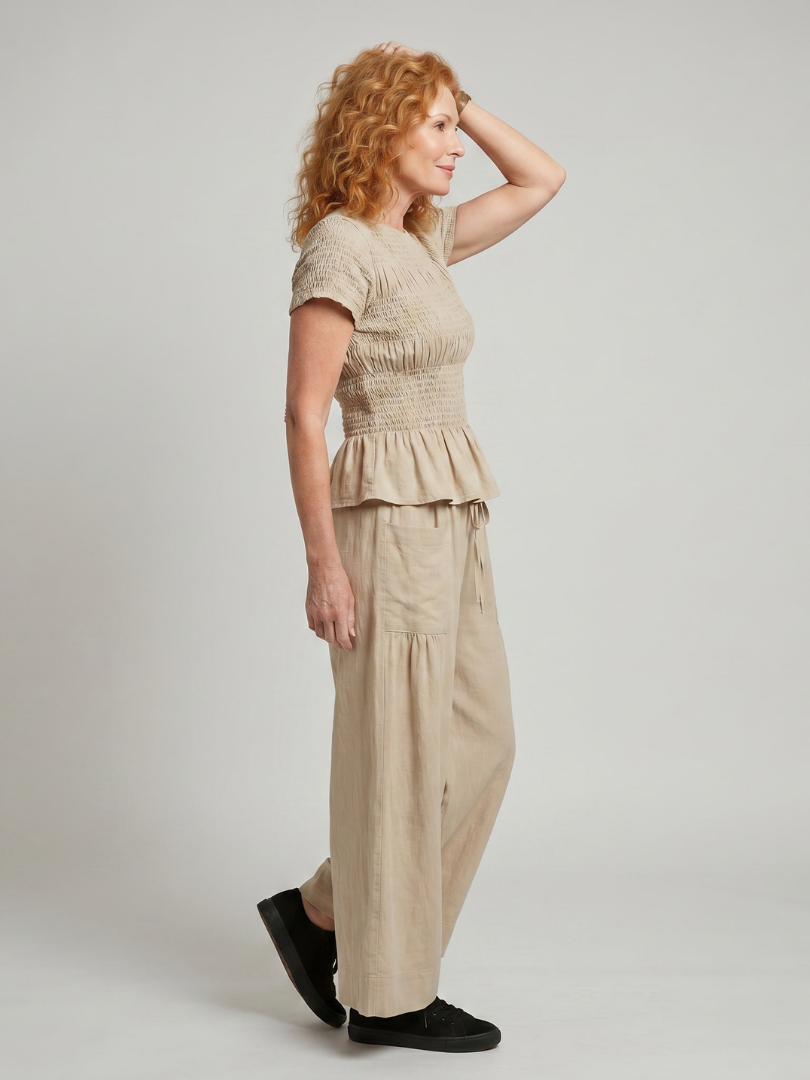Women's Peplum Smocked Top & Wide Leg Pants Set – Co-ord | The Eirenne | Huna