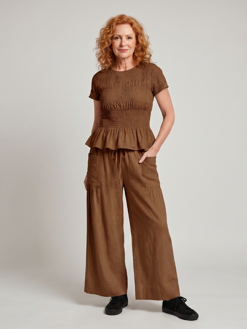 Women's Peplum Smocked Top & Wide Leg Pants Set – Co-ord | The Eirenne | Huna