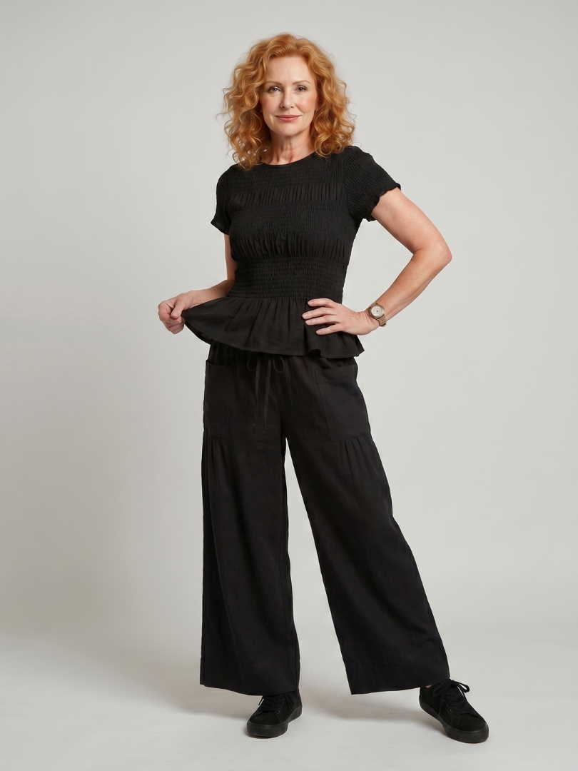 Women's Peplum Smocked Top & Wide Leg Pants Set – Co-ord | The Eirenne | Huna