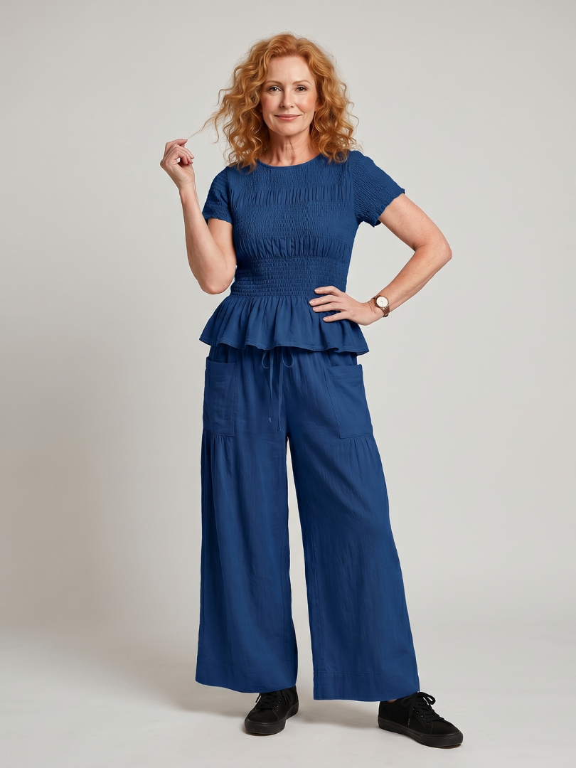 Women's Peplum Smocked Top & Wide Leg Pants Set – Co-ord | The Eirenne | Huna