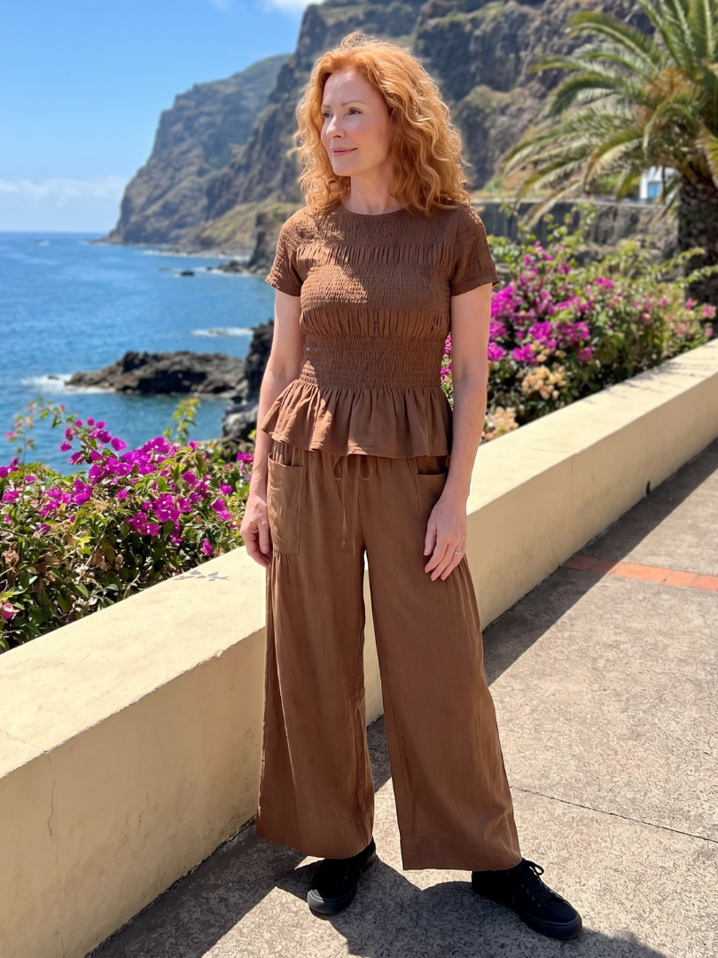 Women's Peplum Smocked Top & Wide Leg Pants Set – Co-ord | The Eirenne | Huna