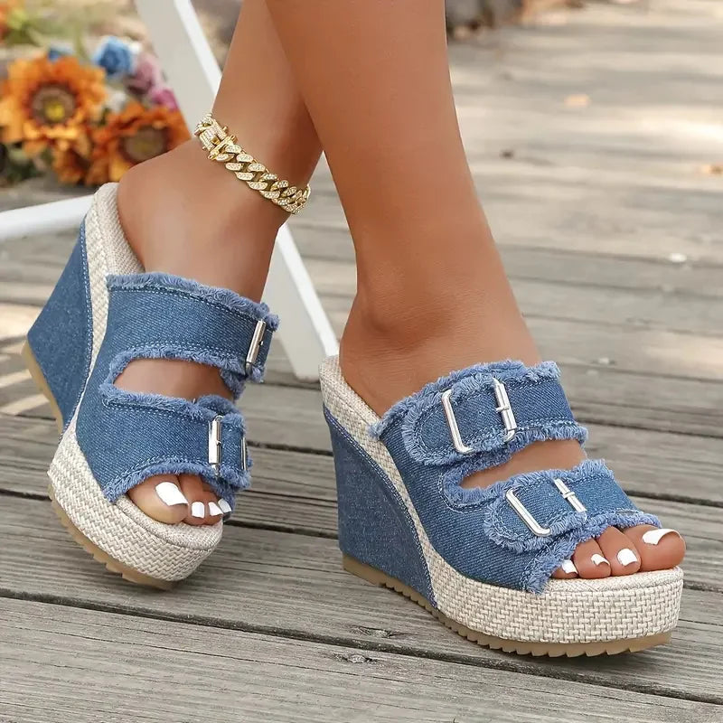 Women's Denim Wedge Sandals – Buckle Strap | The Elara | Huna