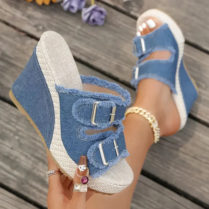 Women's Denim Wedge Sandals – Buckle Strap | The Elara | Huna