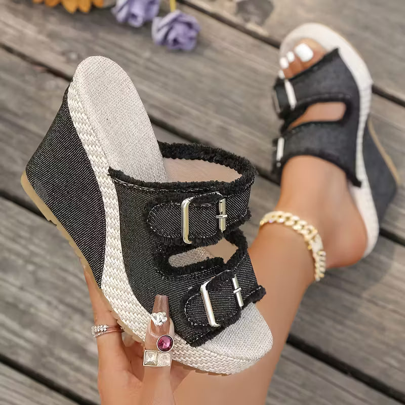 Women's Denim Wedge Sandals – Buckle Strap | The Elara | Huna