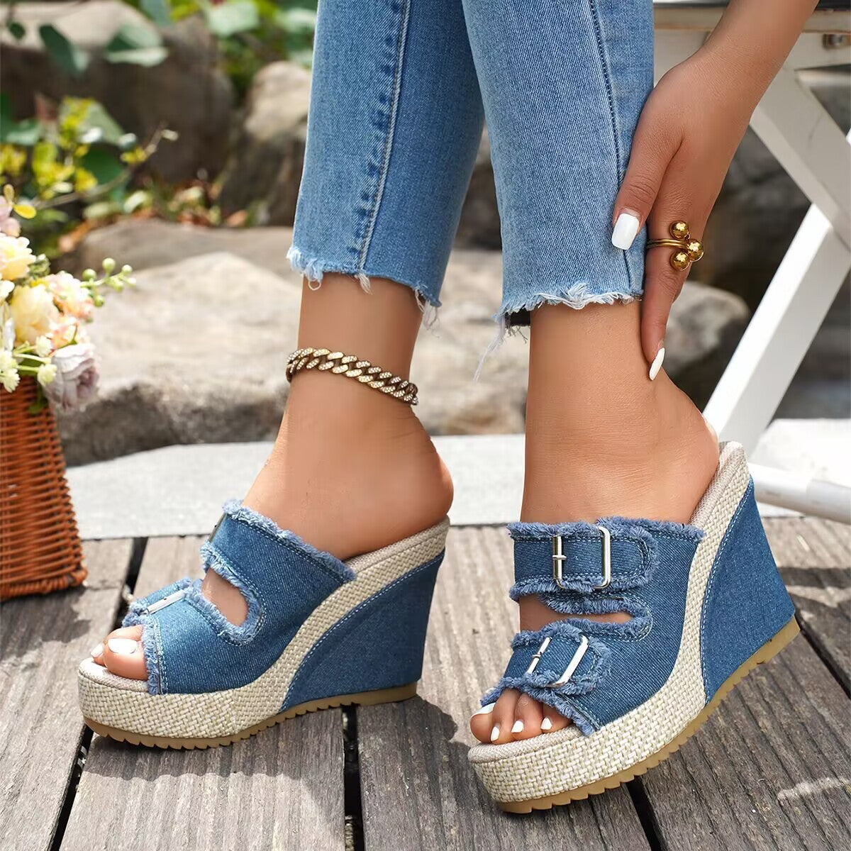 Women's Denim Wedge Sandals – Buckle Strap | The Elara | Huna