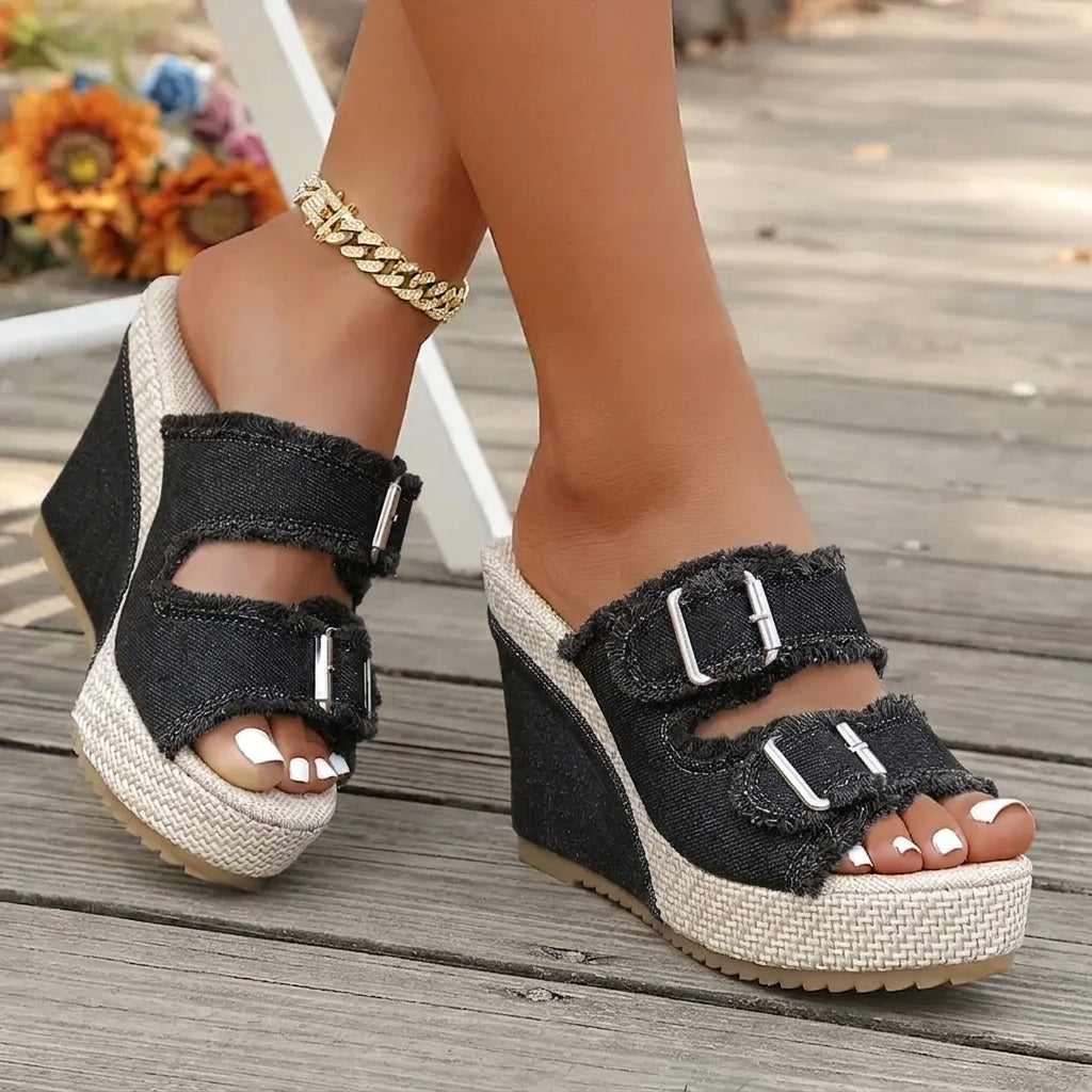 Women's Denim Wedge Sandals – Buckle Strap | The Elara | Huna