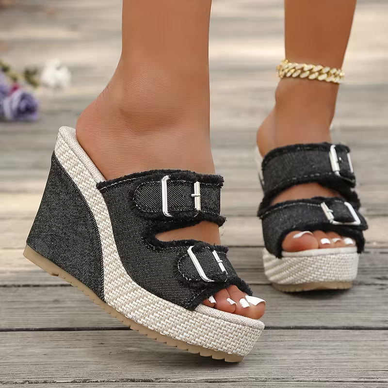 Women's Denim Wedge Sandals – Buckle Strap | The Elara | Huna
