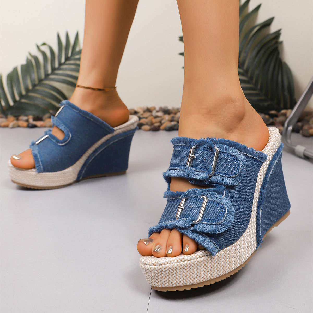 Women's Denim Wedge Sandals – Buckle Strap | The Elara | Huna