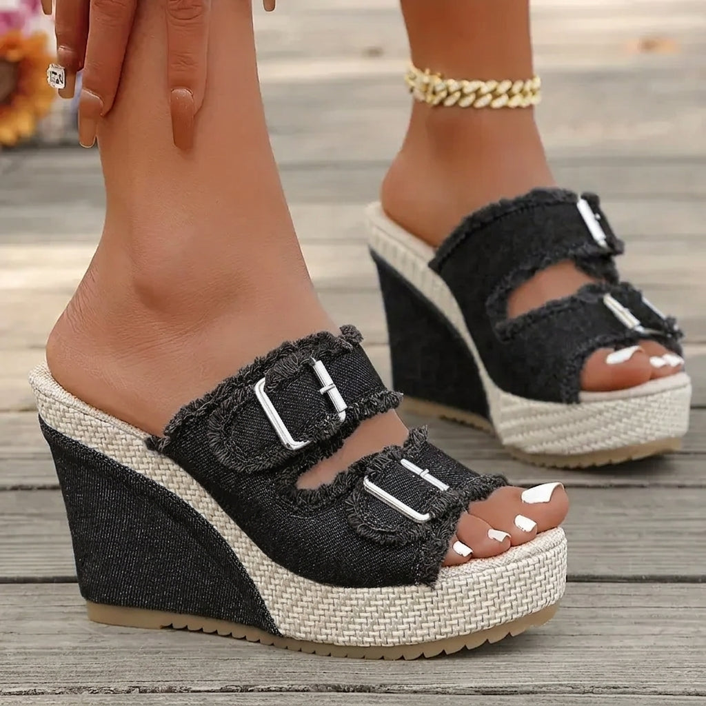 Women's Denim Wedge Sandals – Buckle Strap | The Elara | Huna