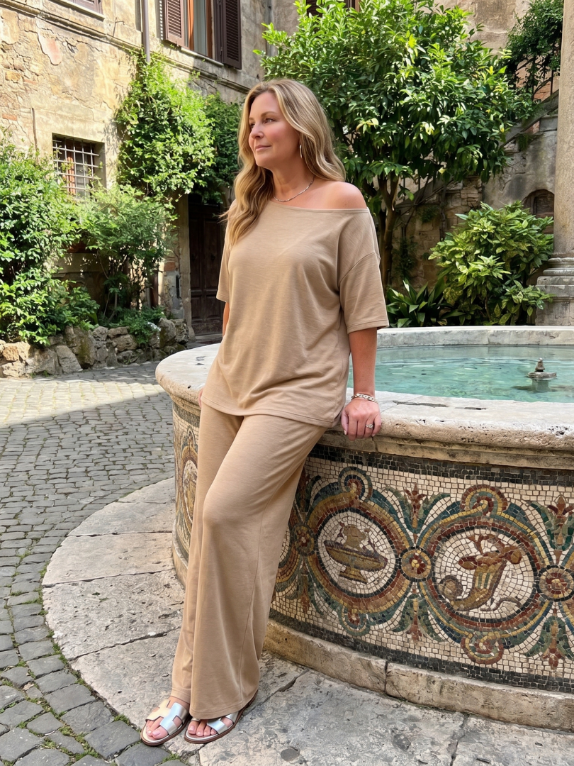 Women's Off Shoulder Top & Wide Leg Pants Set – Co-ord | The Elarim | Huna