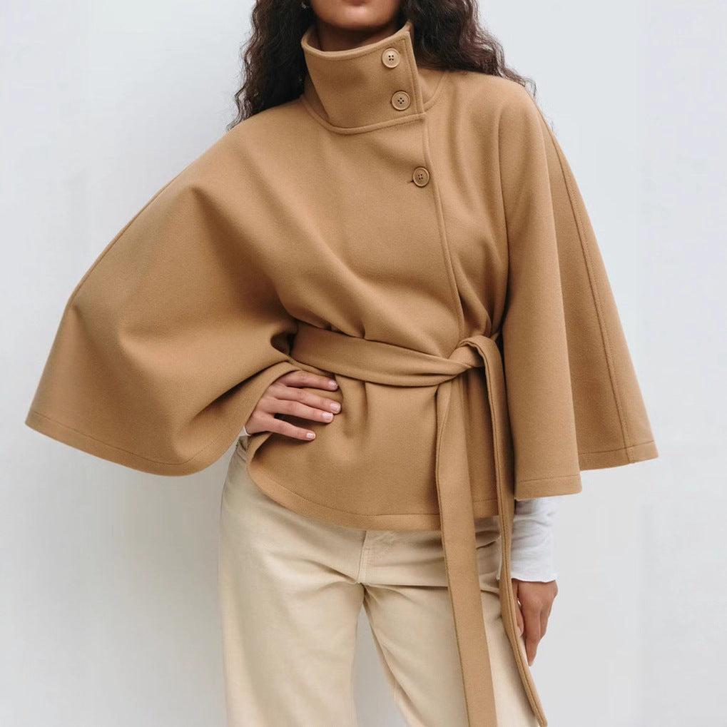 Women's Belted Cape Coat UK – Stand Collar Button Closure | The Wrenwyn | Huna