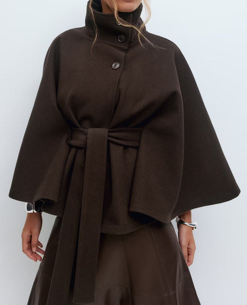 Women's Belted Cape Coat UK – Stand Collar Button Closure | The Wrenwyn | Huna