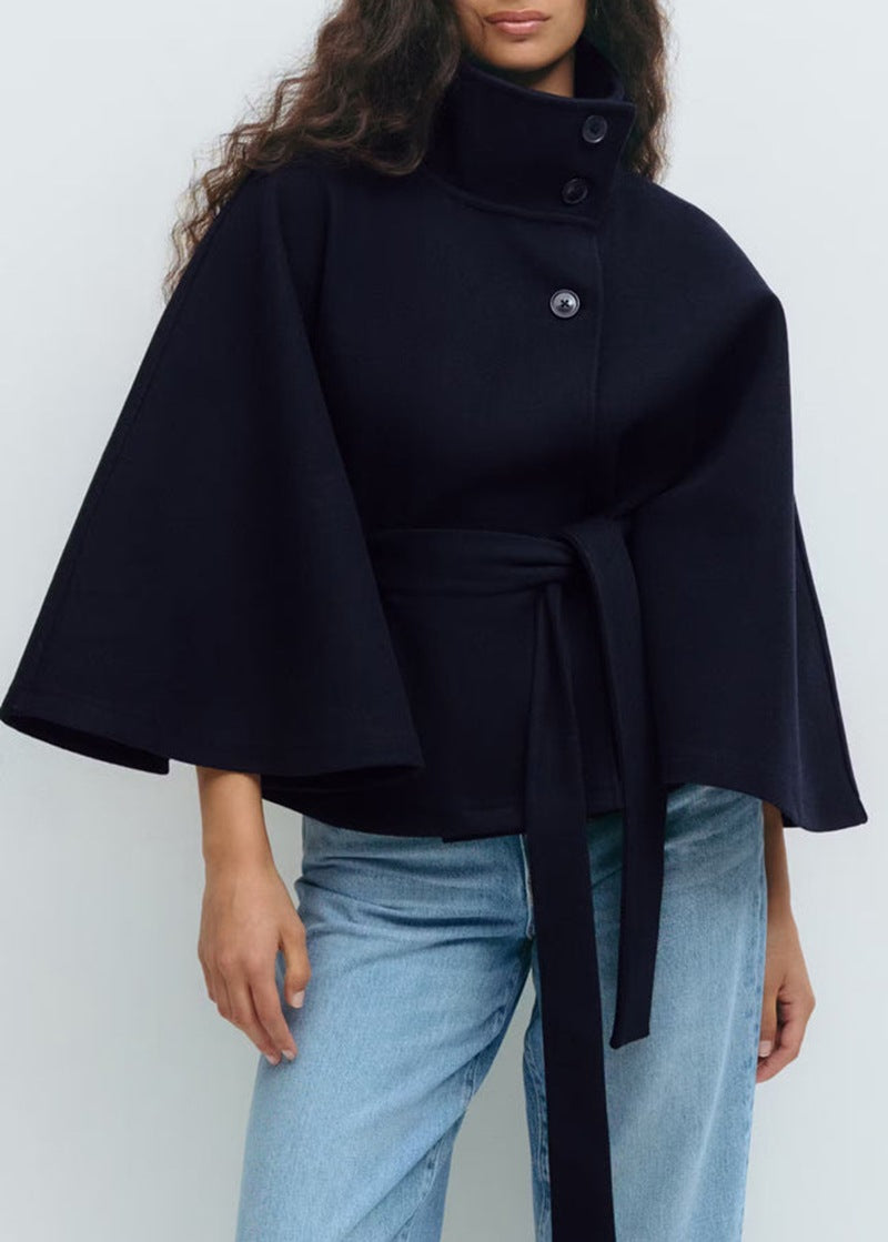 Women's Belted Cape Coat UK – Stand Collar Button Closure | The Wrenwyn | Huna