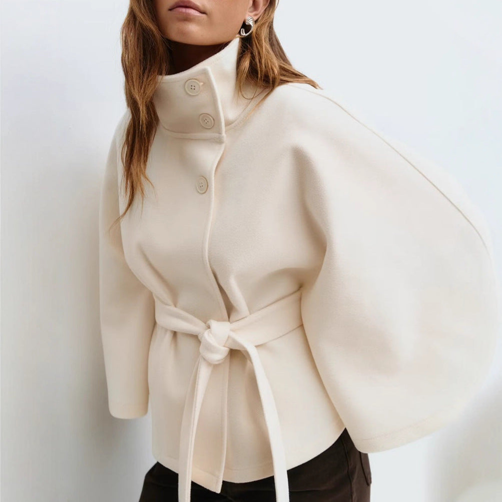 Women's Belted Cape Coat UK – Stand Collar Button Closure | The Wrenwyn | Huna