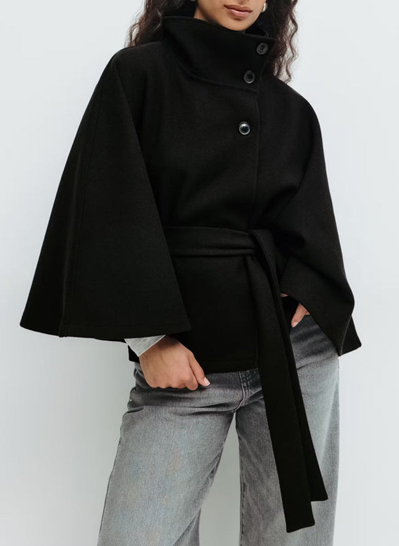 Women's Belted Cape Coat UK – Stand Collar Button Closure | The Wrenwyn | Huna