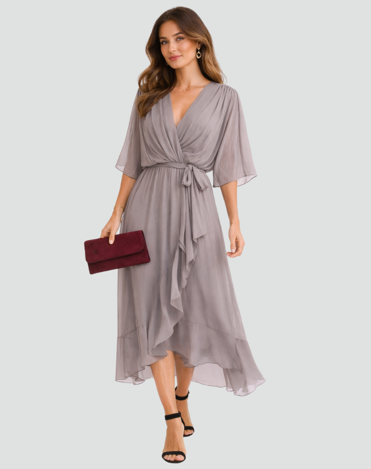 The Amelie – Women's Satin Wrap Bow Wedding Guest Dress – Huna