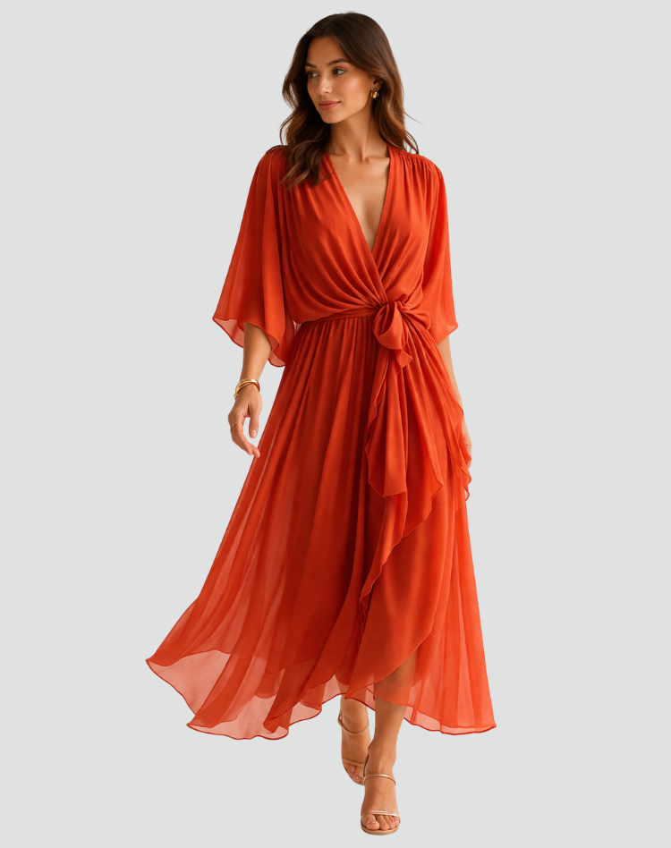 The Amelie – Women's Satin Wrap Bow Wedding Guest Dress – Huna