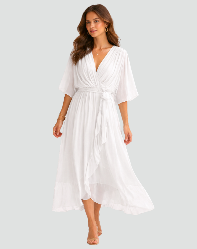 The Amelie – Women's Satin Wrap Bow Midi Dress | Huna
