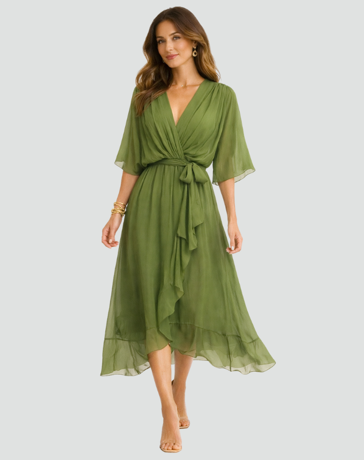 The Amelie – Women's Satin Wrap Bow Wedding Guest Dress – Huna