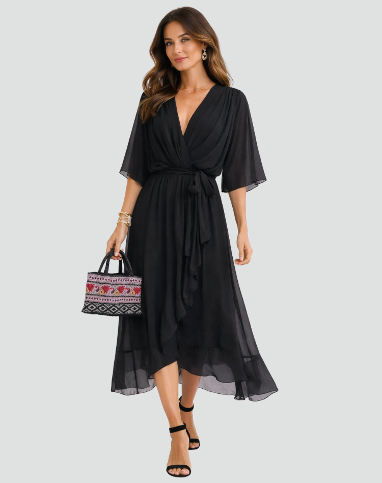 The Amelie – Women's Satin Wrap Bow Wedding Guest Dress – Huna
