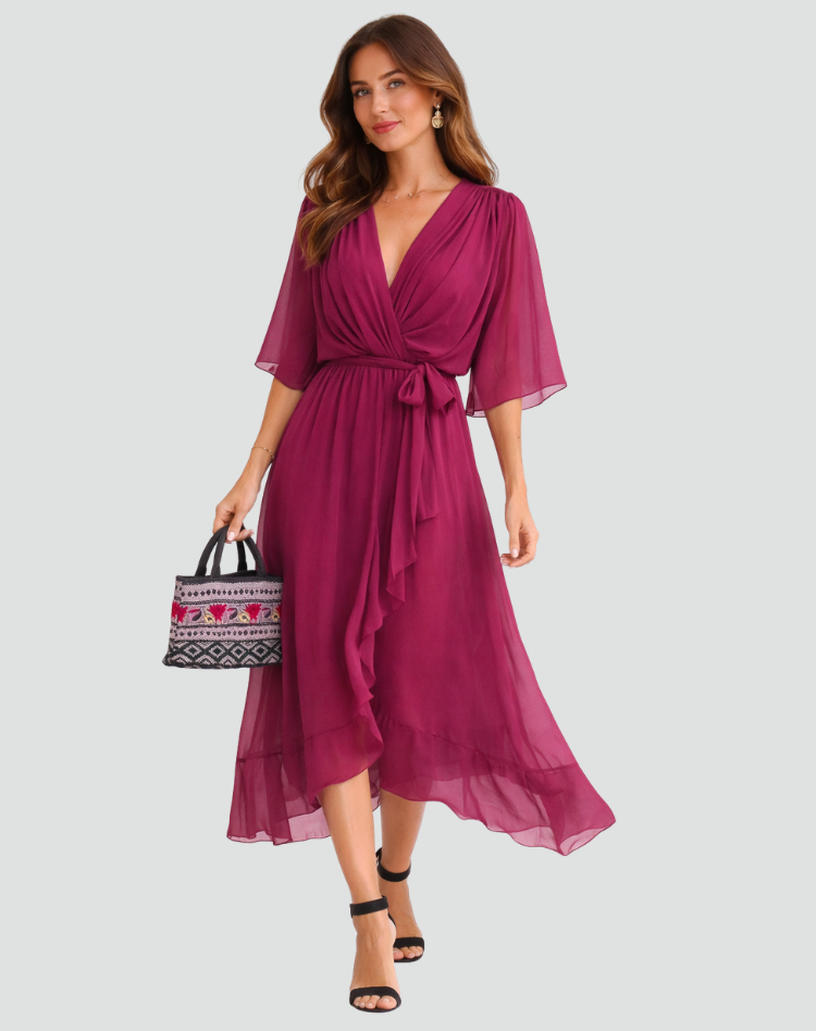 The Amelie – Women's Satin Wrap Bow Wedding Guest Dress – Huna