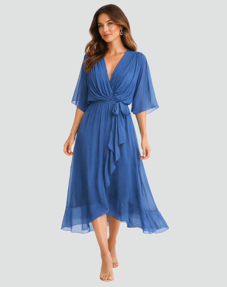 The Amelie – Women's Satin Wrap Bow Wedding Guest Dress – Huna
