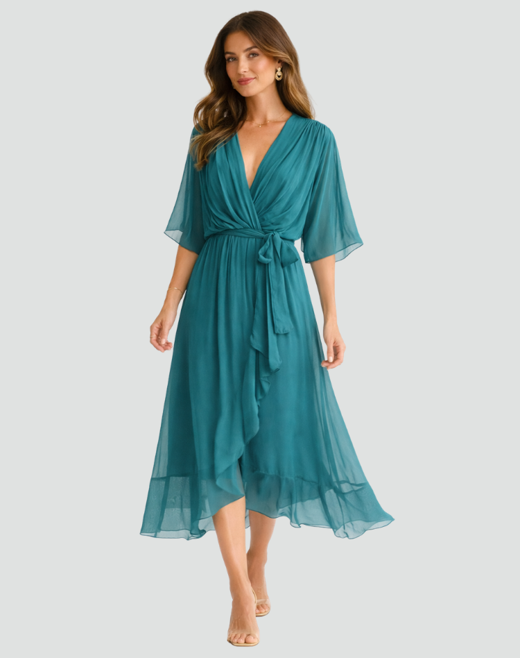 The Amelie – Women's Satin Wrap Bow Wedding Guest Dress – Huna