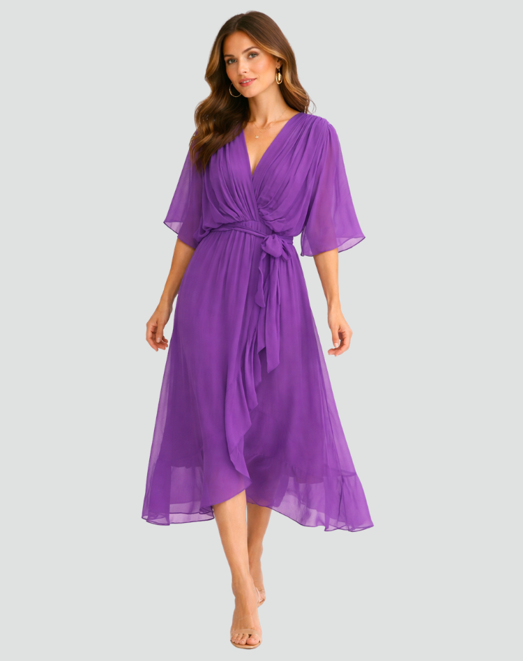 The Amelie – Women's Satin Wrap Bow Wedding Guest Dress – Huna