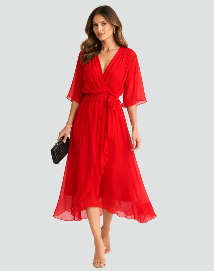 The Amelie – Women's Satin Wrap Bow Wedding Guest Dress – Huna