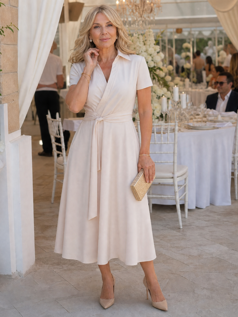 The Eleq – Women's Wrap Wedding Guest Midi Dress | Huna