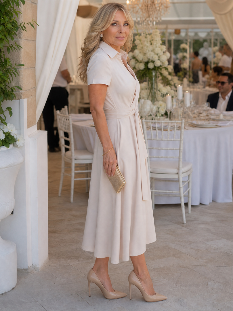 The Eleq – Women's Wrap Wedding Guest Midi Dress | Huna
