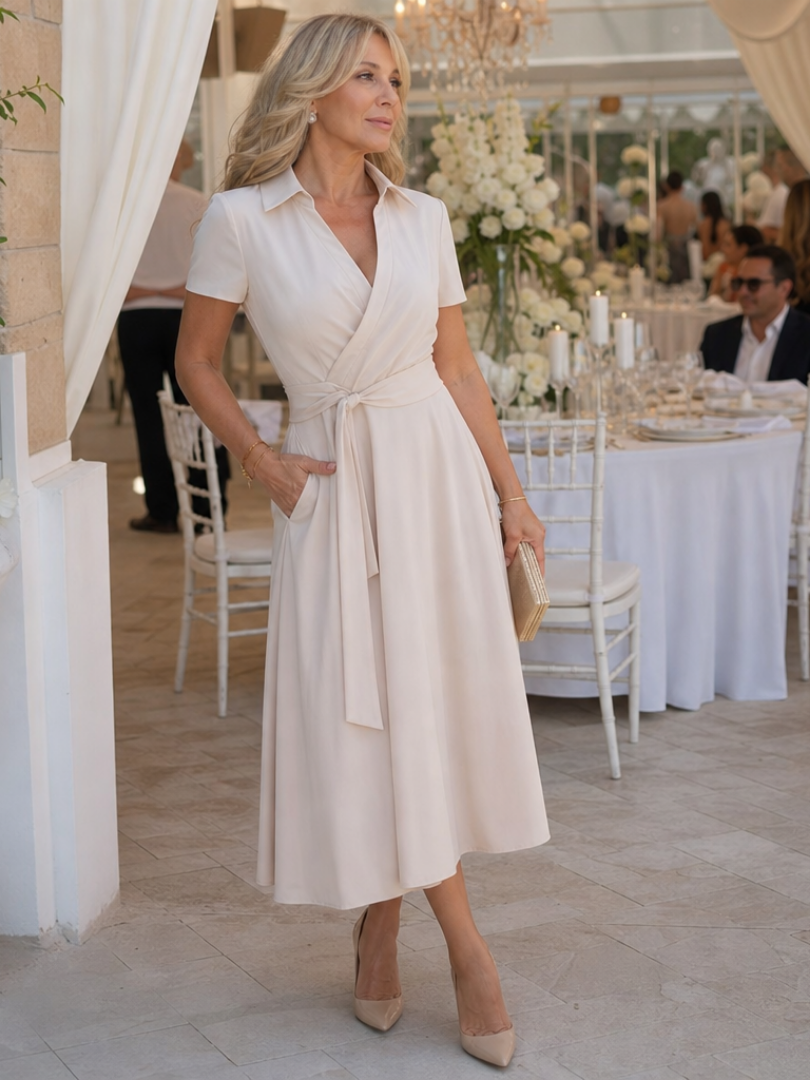 The Eleq – Women's Wrap Wedding Guest Midi Dress | Huna