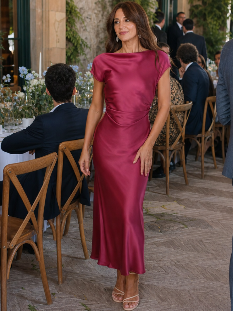 The Elure – Women's Boat Neck Wedding Guest Midi Dress | Huna