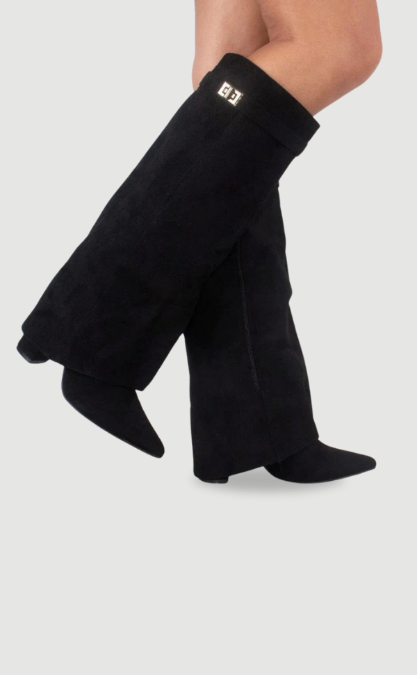 Women's Suede-Look Fold-Over Boots – pointed toe golden detail, view 2 | The Honora | Huna
