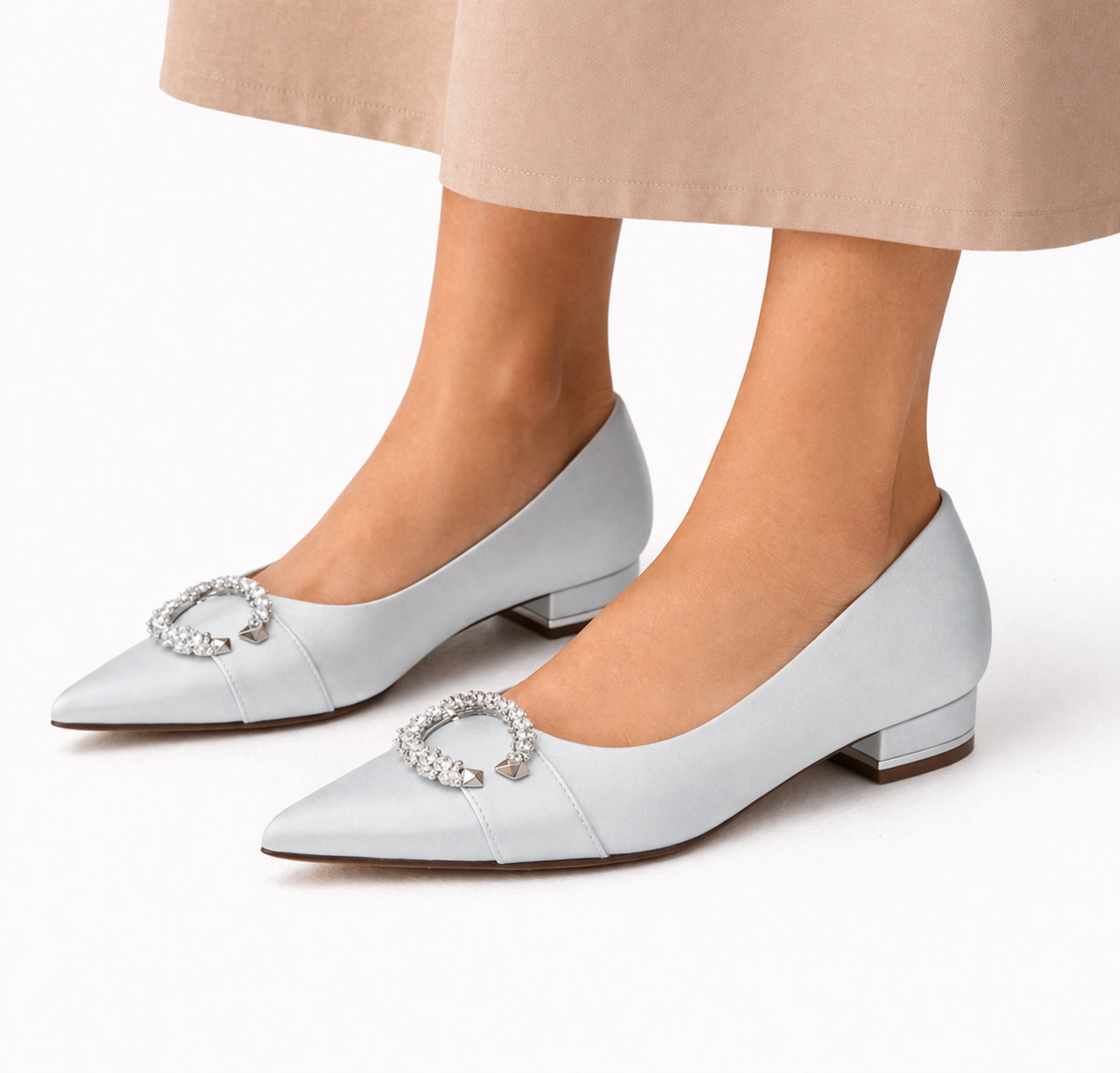 Flat Bridal Shoes White Satin with Crystal Buckle