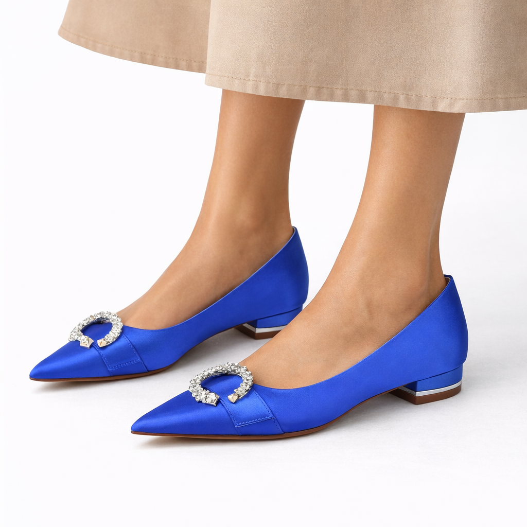 Flat Bridal Shoes White Satin with Crystal Buckle