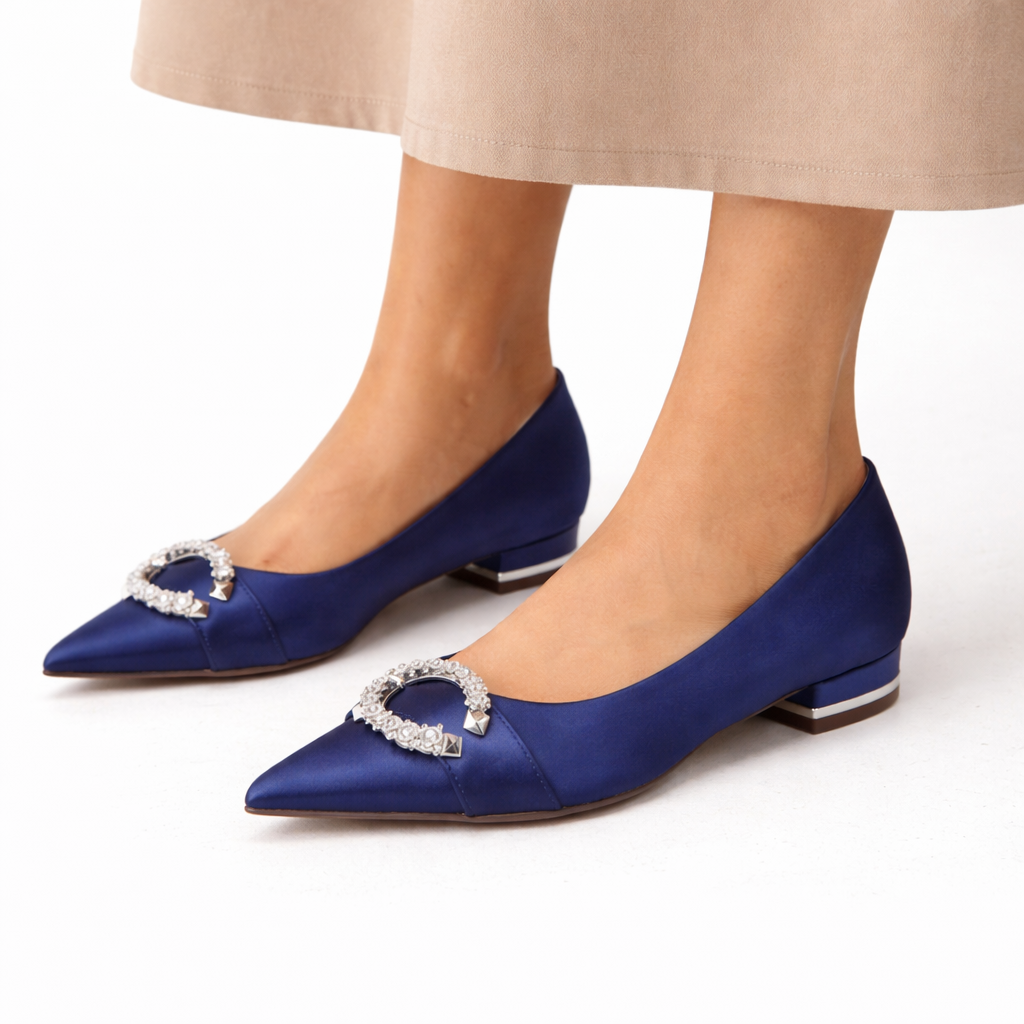 Flat Bridal Shoes White Satin with Crystal Buckle