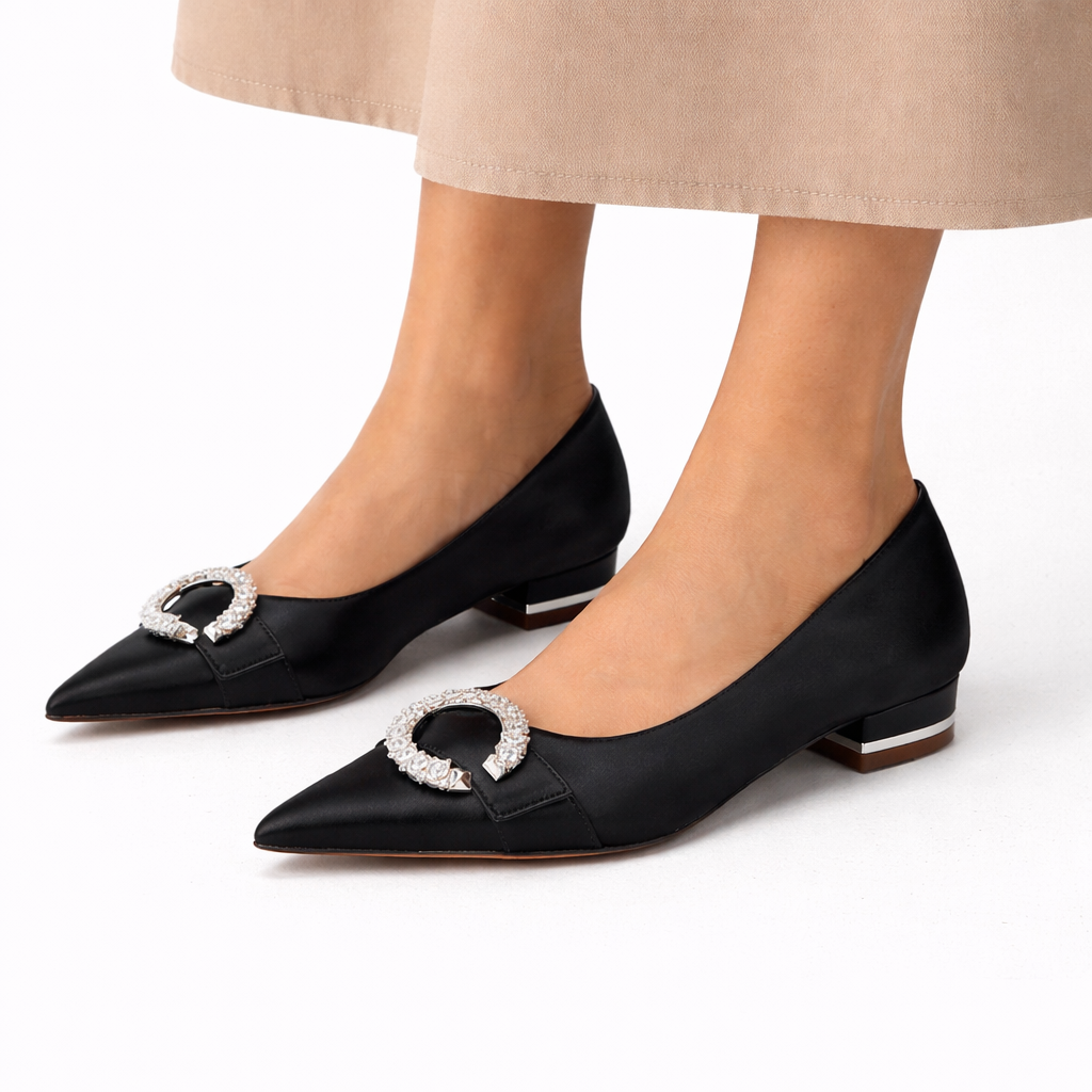 Flat Bridal Shoes White Satin with Crystal Buckle