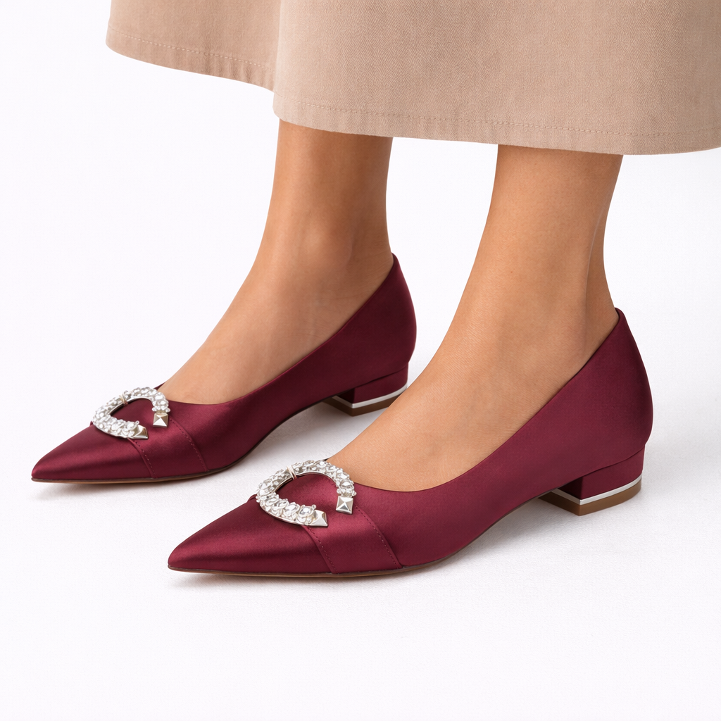 Flat Bridal Shoes White Satin with Crystal Buckle