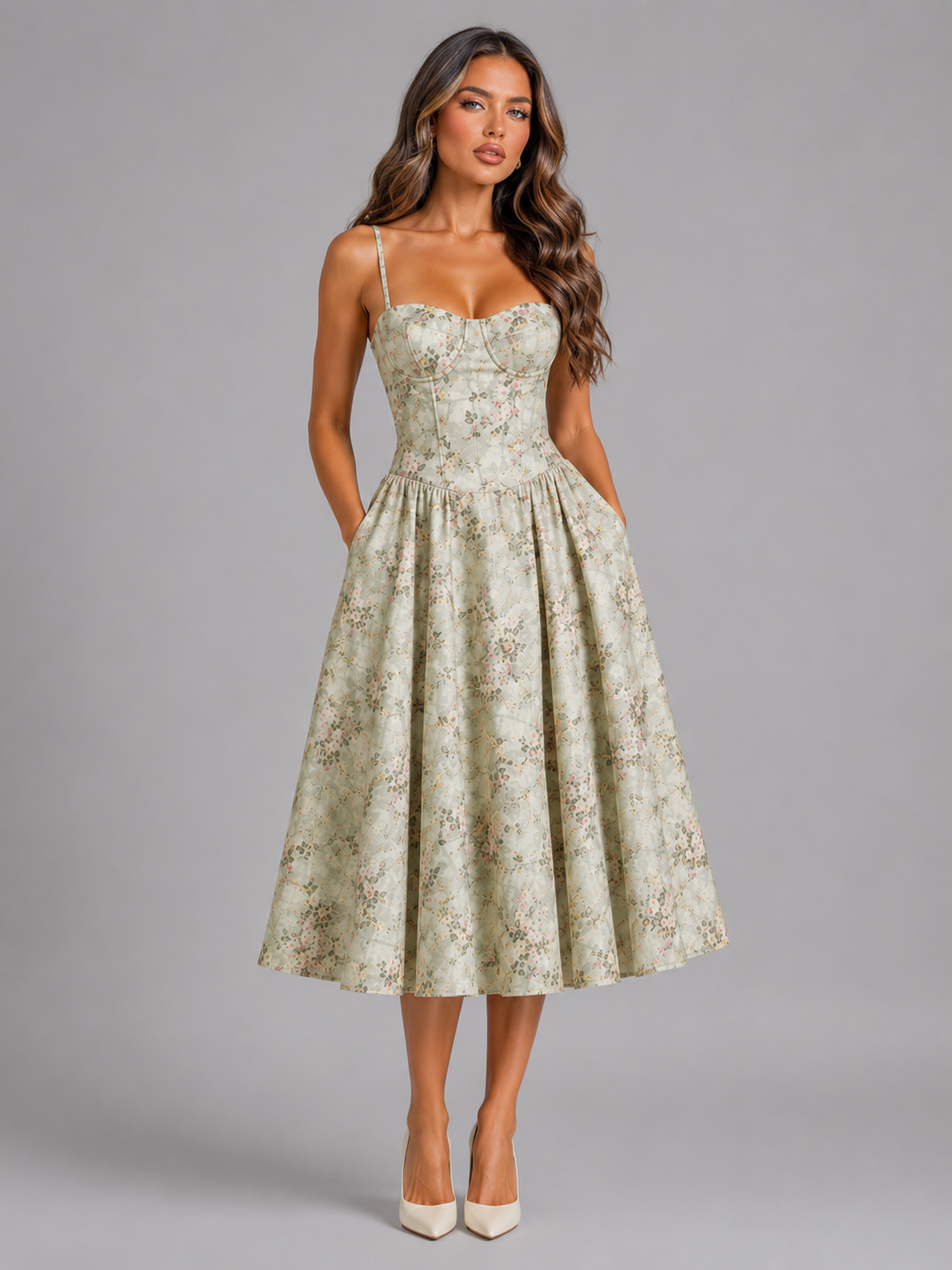 The Rosabel – Women's Floral Corset Wedding Guest Midi Dress | Huna