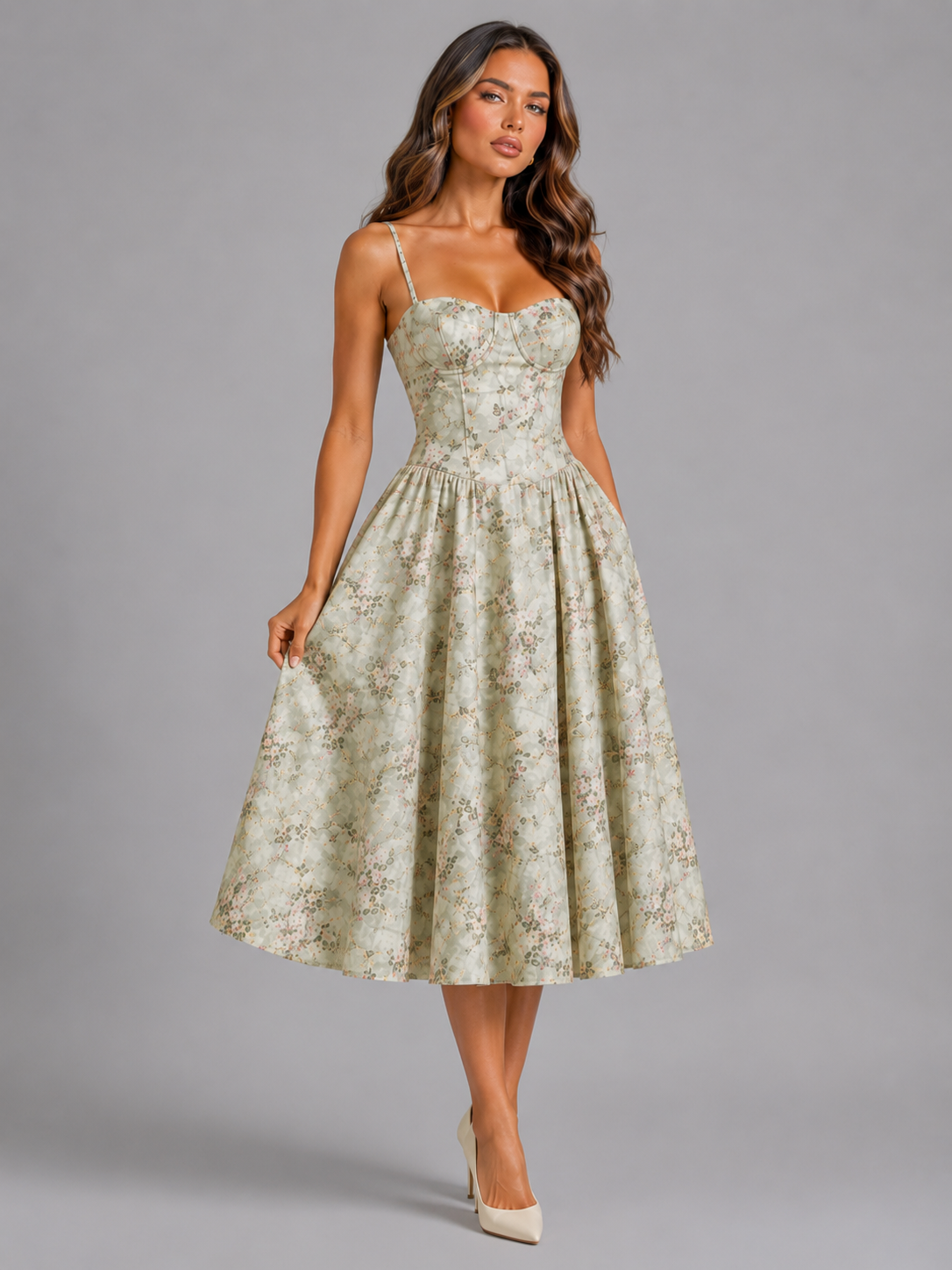 The Rosabel – Women's Floral Corset Wedding Guest Midi Dress | Huna