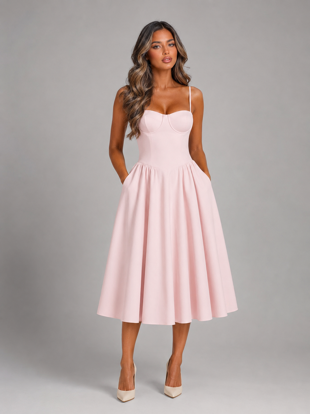 The Rosabel – Women's Floral Corset Wedding Guest Midi Dress | Huna