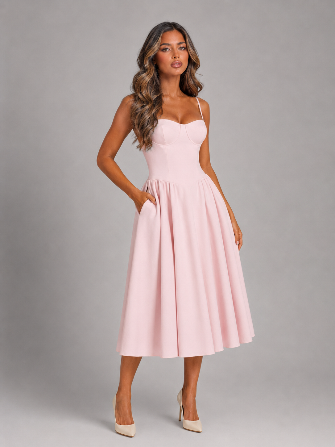 The Rosabel – Women's Floral Corset Wedding Guest Midi Dress | Huna