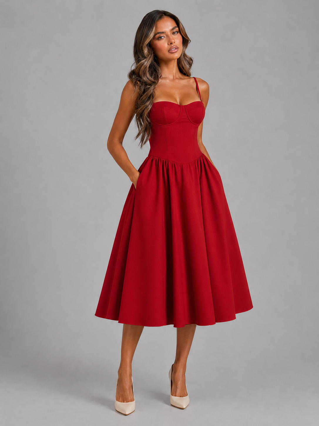 The Rosabel – Women's Floral Corset Wedding Guest Midi Dress | Huna
