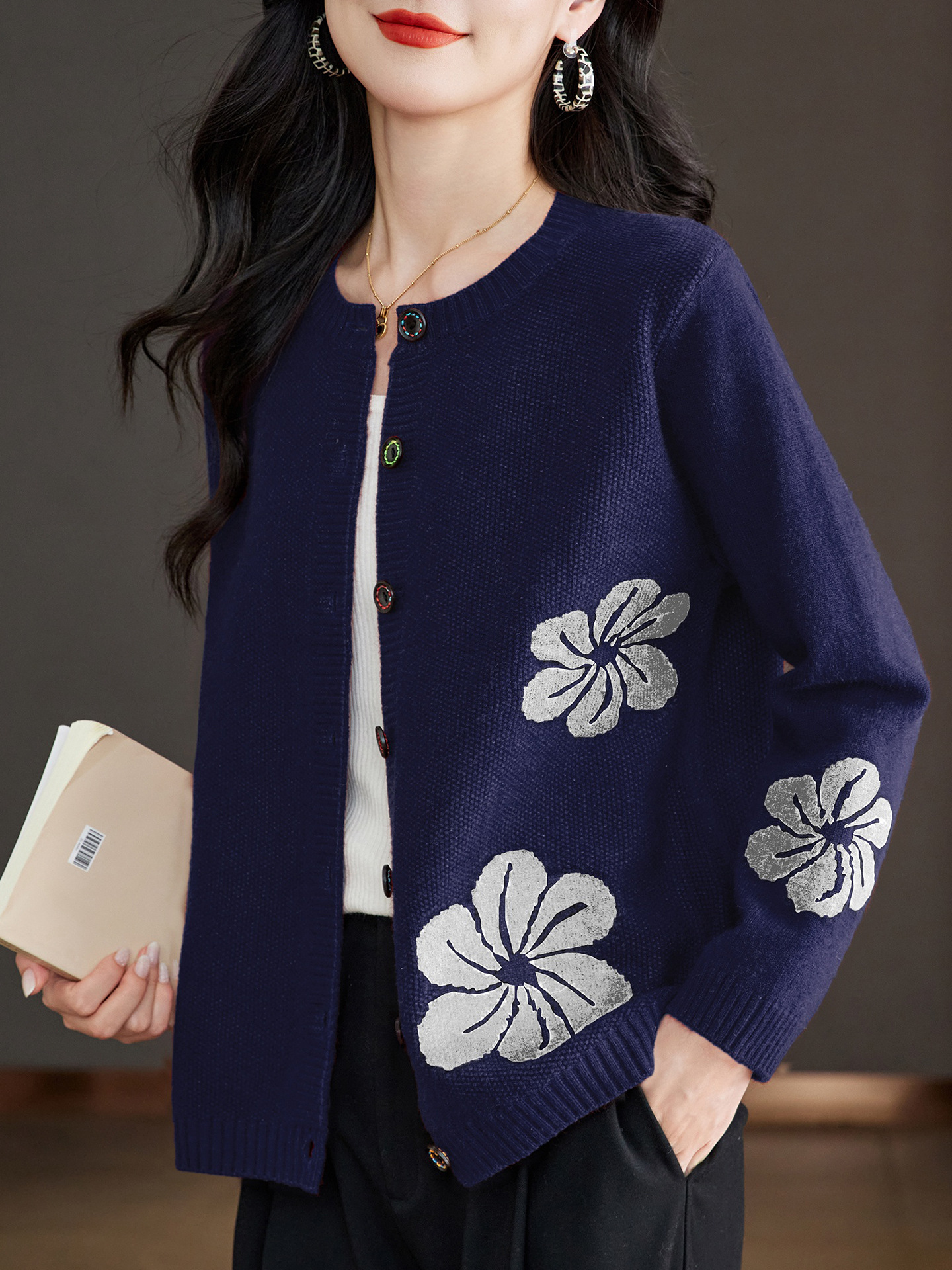 Women's Floral Knit Coat UK – Navy Wool Blend | The Seraphine | Huna