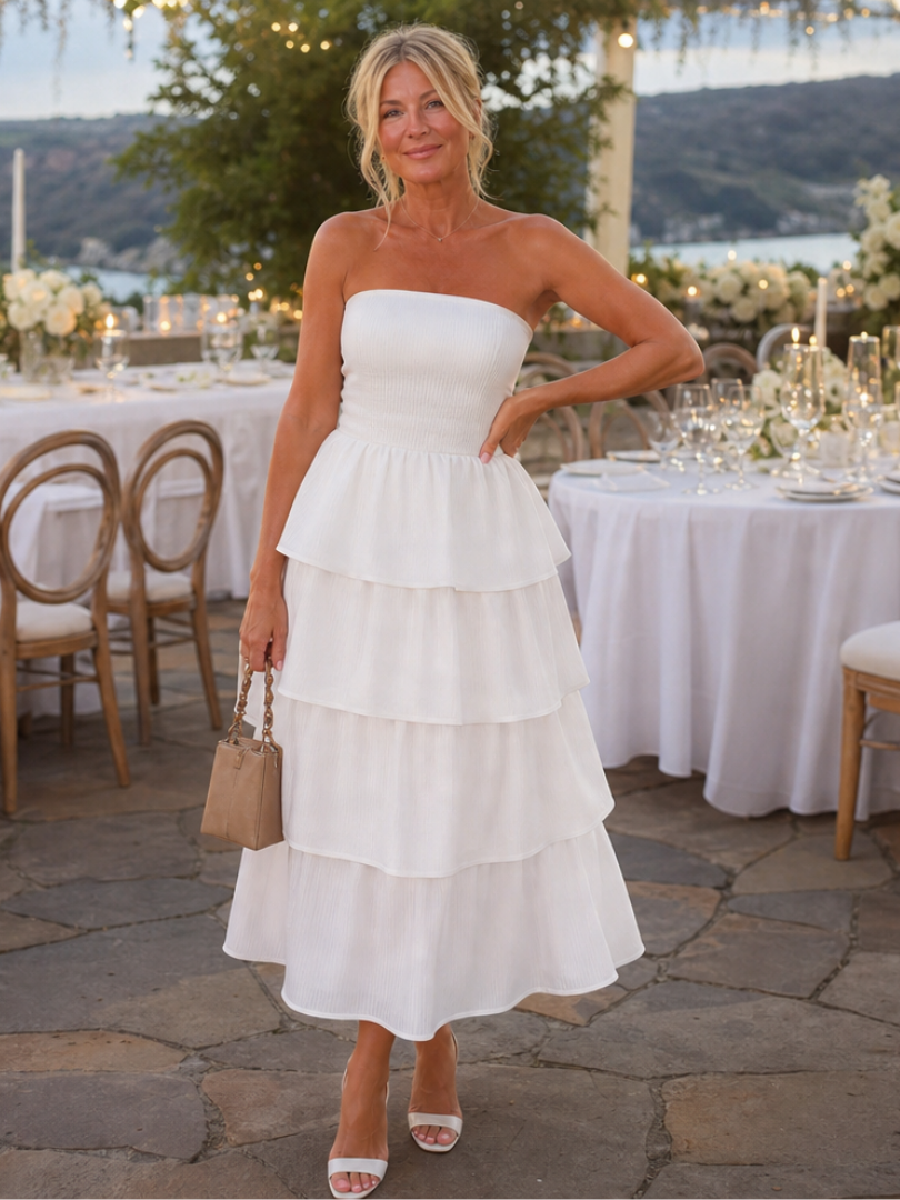 The Gemma – Women's Strapless Wedding Guest Midi Dress | Huna