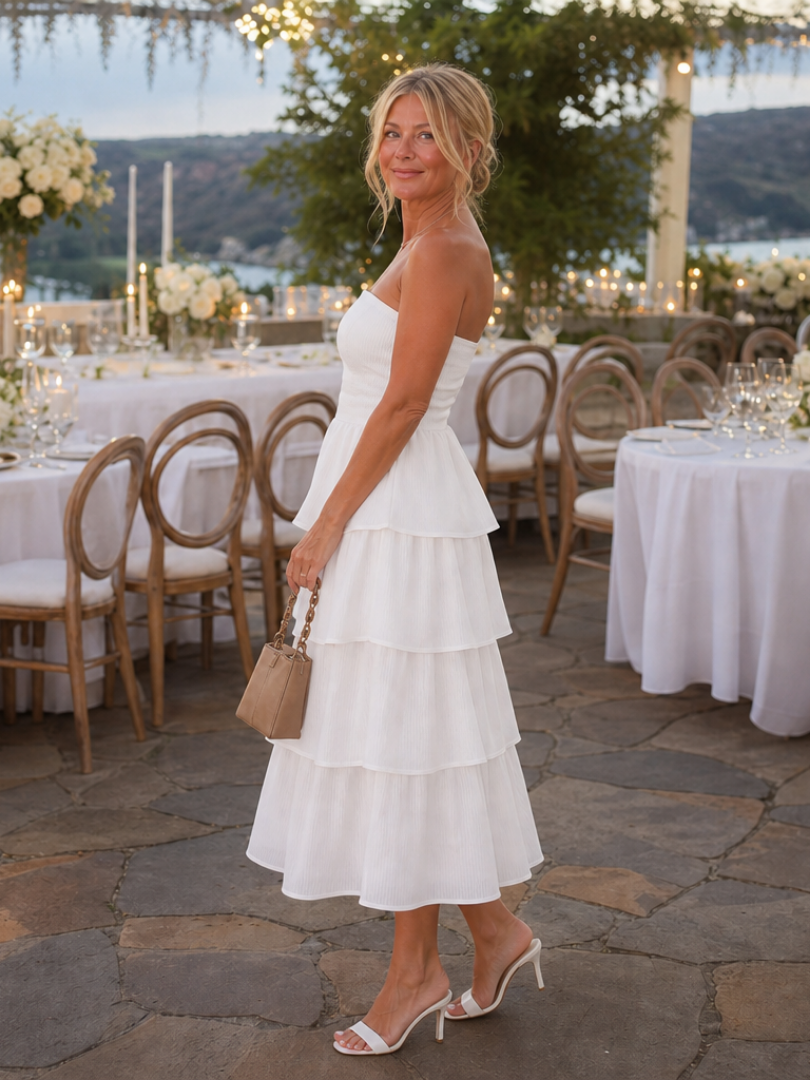 The Gemma – Women's Strapless Wedding Guest Midi Dress | Huna